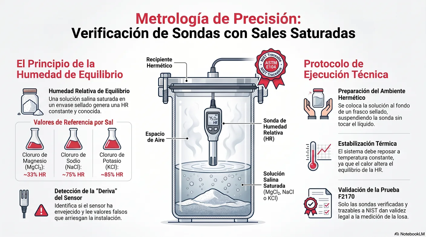 Diagrama del montaje: una sonda de humedad relativa dentro de un recipiente sellado con solución salina saturada estabilizándose a temperatura constante.