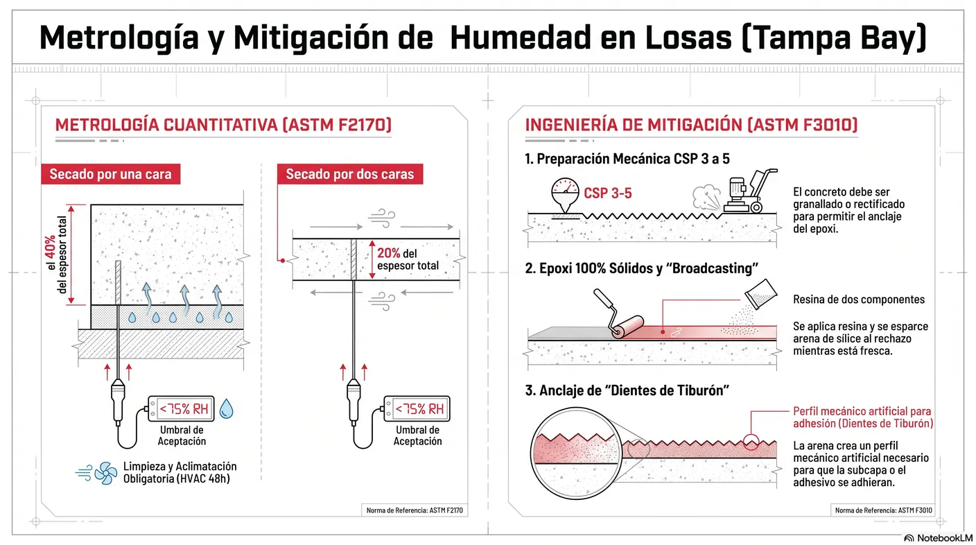 Corte de losa que indica la profundidad de perforación del 40 por ciento si seca por una cara y del 20 por ciento si seca por ambas caras.