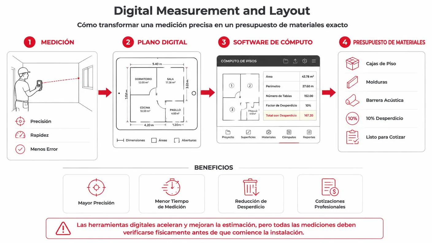 Diagrama que muestra el flujo digital: el distanciómetro láser mide, y el software de takeoff convierte la planta en áreas, perímetros y lista de materiales con su desperdicio.