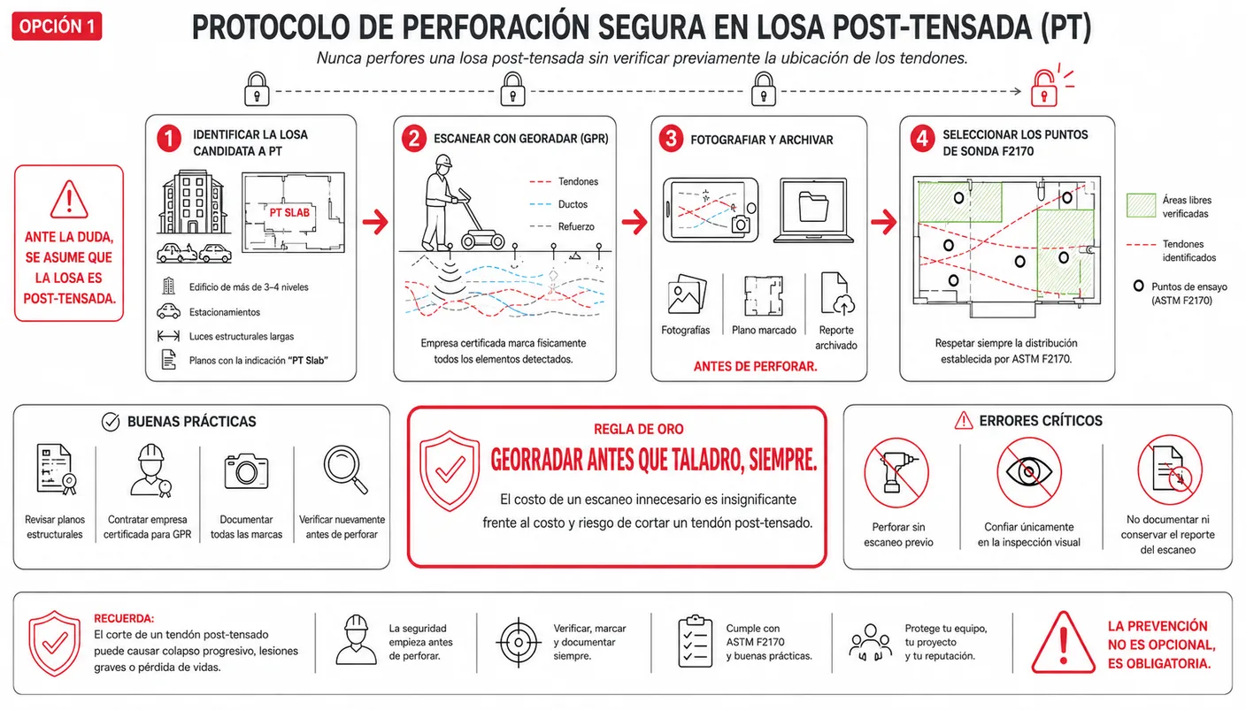 Infografía del protocolo de perforación segura en losa post-tensada: identificar la losa candidata, escanear con georadar para marcar los tendones, seleccionar los puntos de sonda dentro de las zonas verificadas como libres, y archivar el reporte fotografiado antes de perforar.
