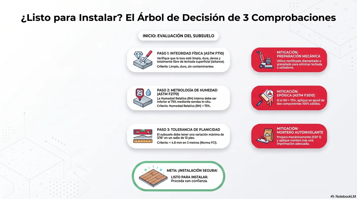 Árbol de decisión para instalar sobre cerámica existente: bien adherida, plana y estable lleva a "sí"; suelta, agrietada o despareja lleva a "demoler".