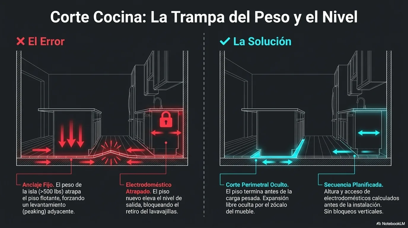 Diagrama que muestra cómo planificar la altura del piso para que el lavavajillas bajo la encimera pueda retirarse en el futuro sin quedar atrapado.