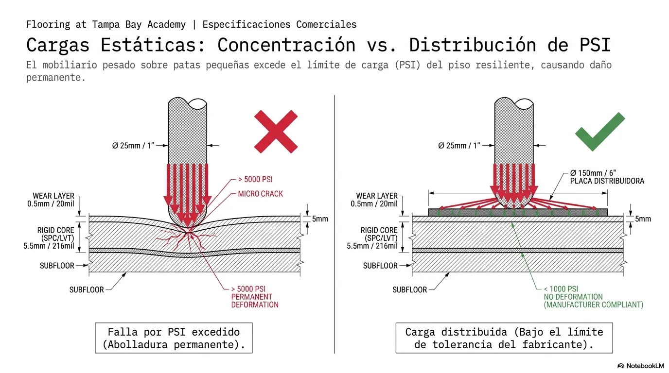 Diagrama que muestra cómo un mueble pesado sobre patas pequeñas concentra una presión que abolla el piso, y cómo una placa distribuidora baja el PSI.