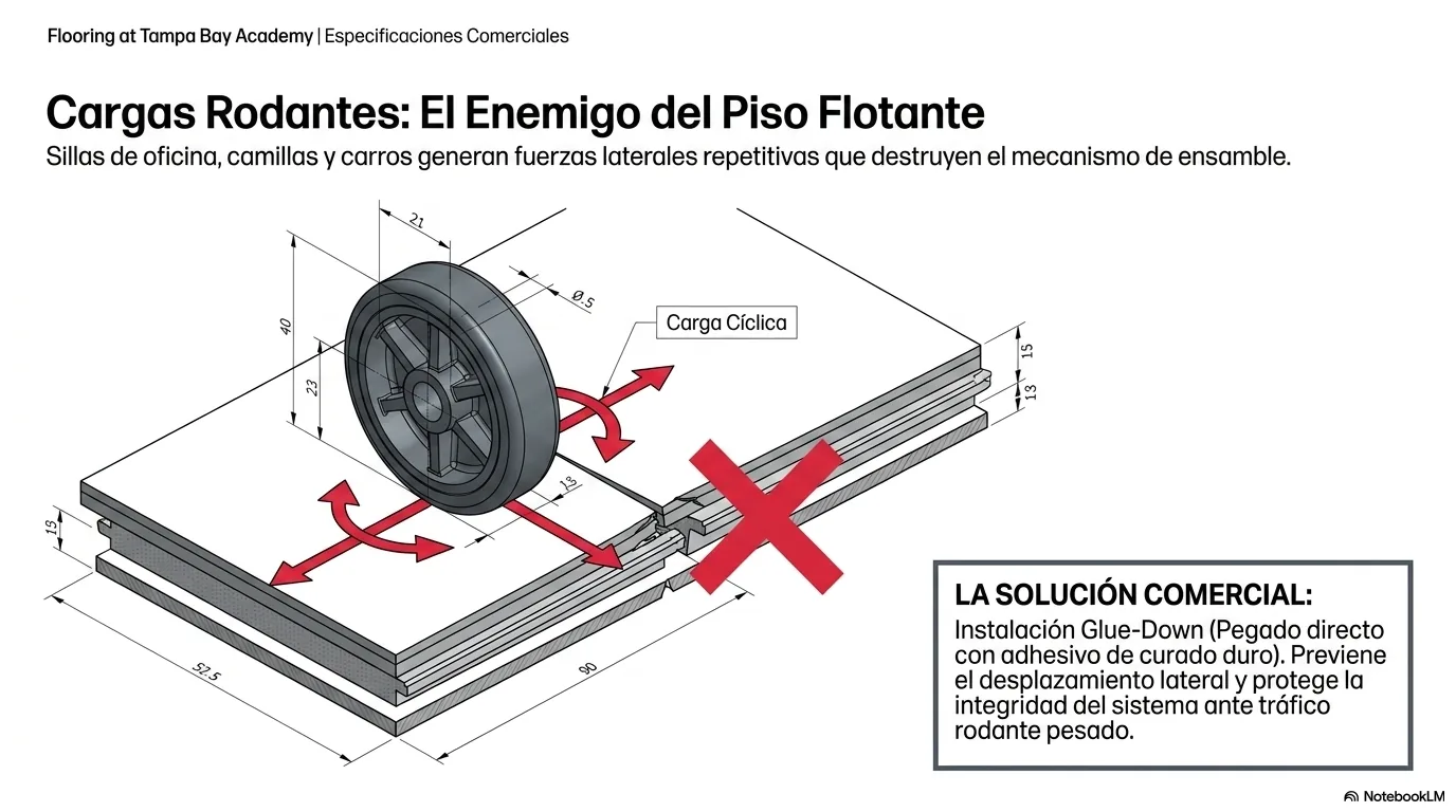 Diagrama de la silla de oficina como carga rodante cíclica que estresa las juntas de un piso flotante, con la solución de pegado y ruedas blandas.