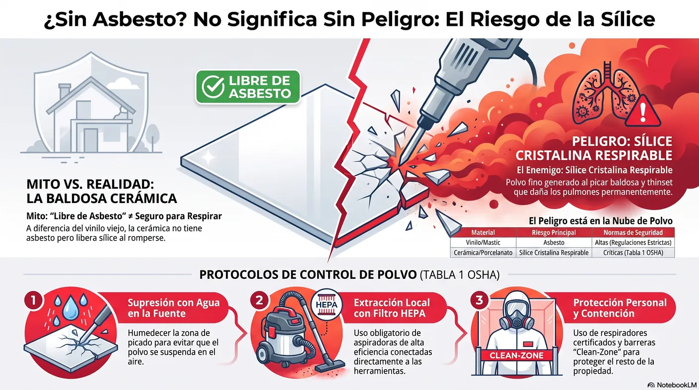 Diagrama que aclara que la cerámica y el porcelanato no contienen asbesto, sino que generan polvo de sílice cristalina al romperse, controlable con agua y HEPA.