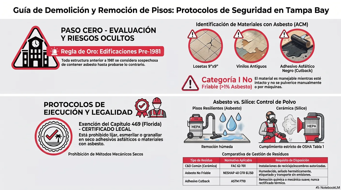 Infografía de la coordinación en dos niveles: la EPC de Hillsborough a nivel local y el DEP de Florida a nivel estatal para el manejo del asbesto.