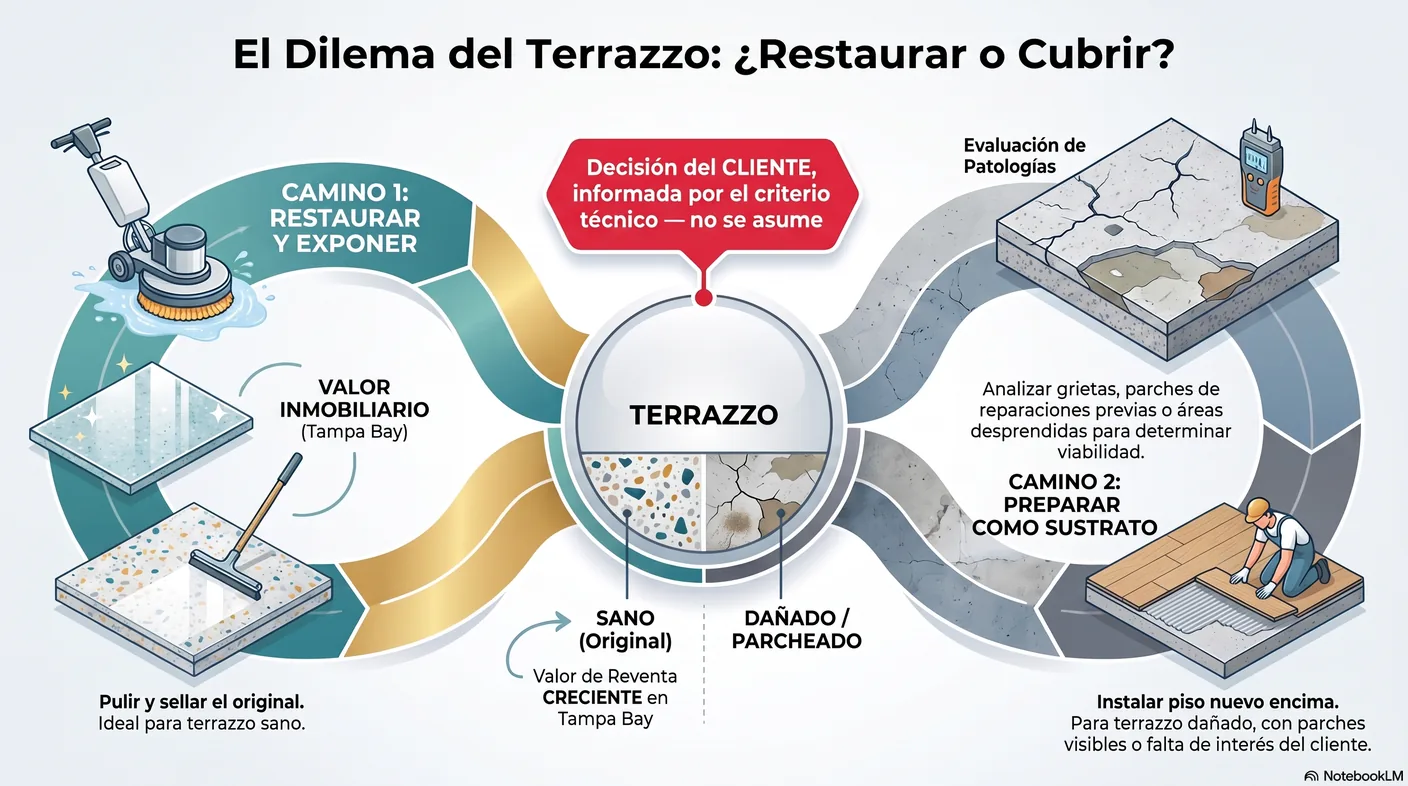 Diagrama de la decisión que abre todo proyecto sobre terrazzo: restaurarlo y exponerlo como piso terminado cuando está sano y tiene valor de reventa, o prepararlo como sustrato para instalar un piso nuevo encima cuando está dañado o el cliente no quiere mantenerlo, siendo una decisión del cliente informada por el criterio técnico.
