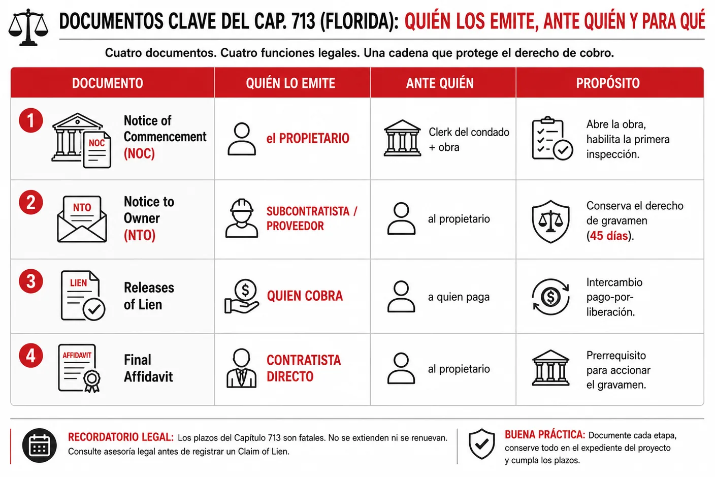 Imagen-tabla de los cuatro documentos de la cadena de gravamen indicando, para cada uno, quién lo emite, ante quién y con qué propósito: el aviso de inicio lo registra el propietario, el aviso al propietario lo sirve el subcontratista, las liberaciones se intercambian por pago, y la declaración jurada final la firma el contratista directo.