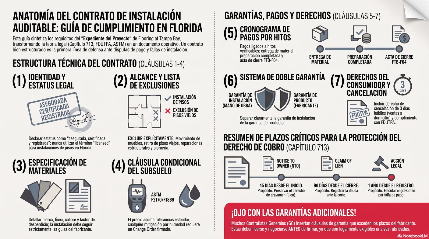 Infografía de las cláusulas de un contrato de instalación de pisos profesional: partes y propiedad, alcance con exclusiones explícitas, materiales especificados, la cláusula condicional del subsuelo, el cronograma de pagos por hitos, las dos garantías separadas y los derechos de cancelación del consumidor de Florida.