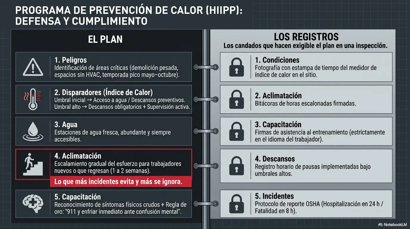 Infografía del plan escrito de prevención de enfermedad por calor: identificación de peligros, disparadores por índice de calor, agua y descansos accesibles, aclimatación de trabajadores nuevos o que regresan, capacitación en síntomas y la regla de emergencia, más los registros de condiciones, aclimatación, capacitación y descansos que hacen exigible el plan.