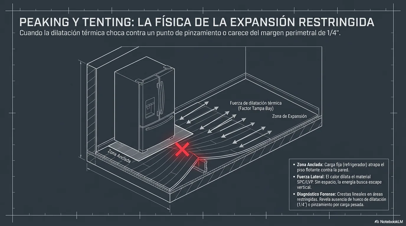 Diagrama del pinzamiento: un refrigerador empujado contra la pared atrapa el piso flotante, que al expandirse se levanta en esa zona.