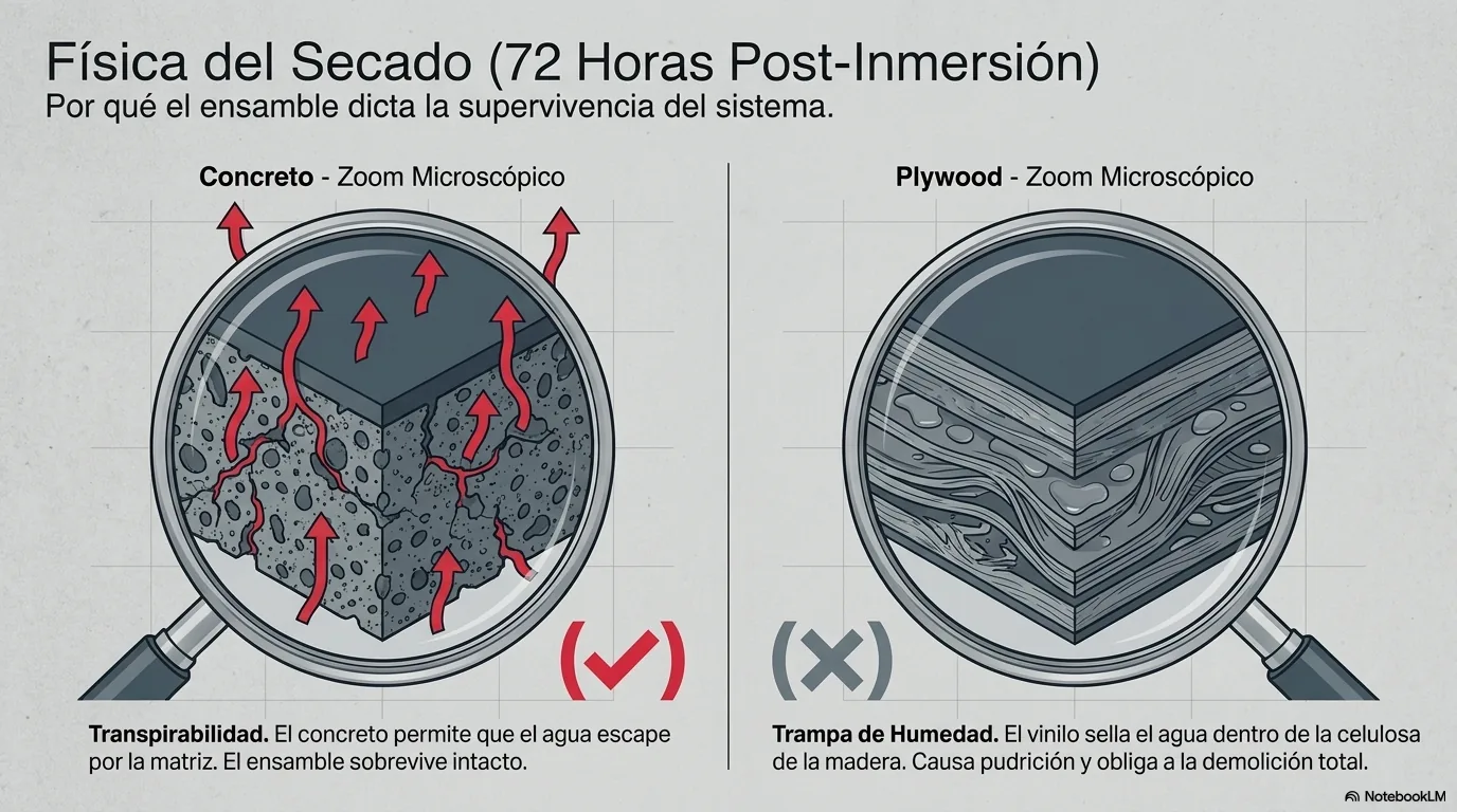 Diagrama del mecanismo del ensamble resistente: sobre concreto, el conjunto seca y el vinilo con adhesivo de fraguado químico permanece; sobre plywood, la humedad queda atrapada y el revestimiento debe arrancarse para secar la madera.