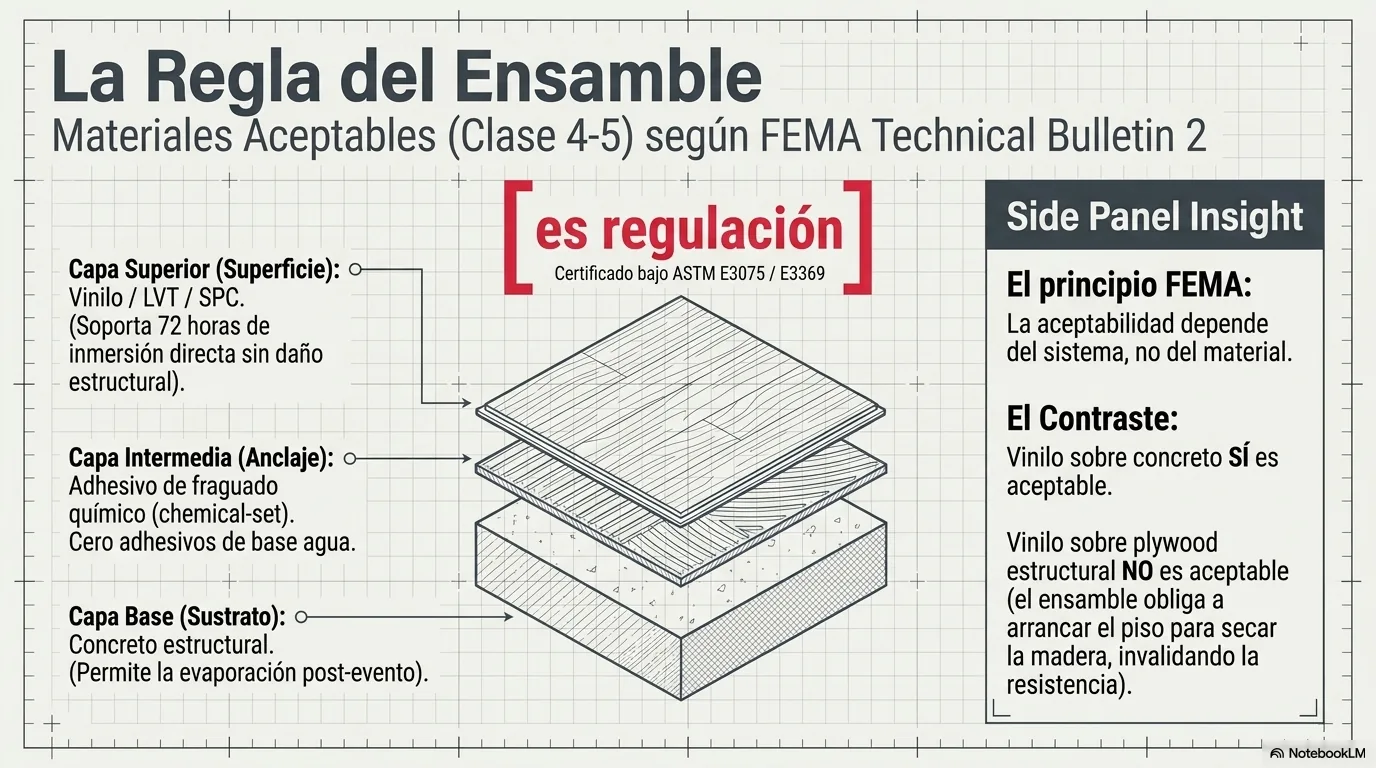 Diagrama del marco regulatorio: las zonas A y V mapeadas por FEMA definen el área de riesgo, el BFE marca la línea bajo la cual los materiales deben ser resistentes, y el programa nacional de seguro de inundación lo exige como criterio, con comunidades o estados que pueden imponer más.