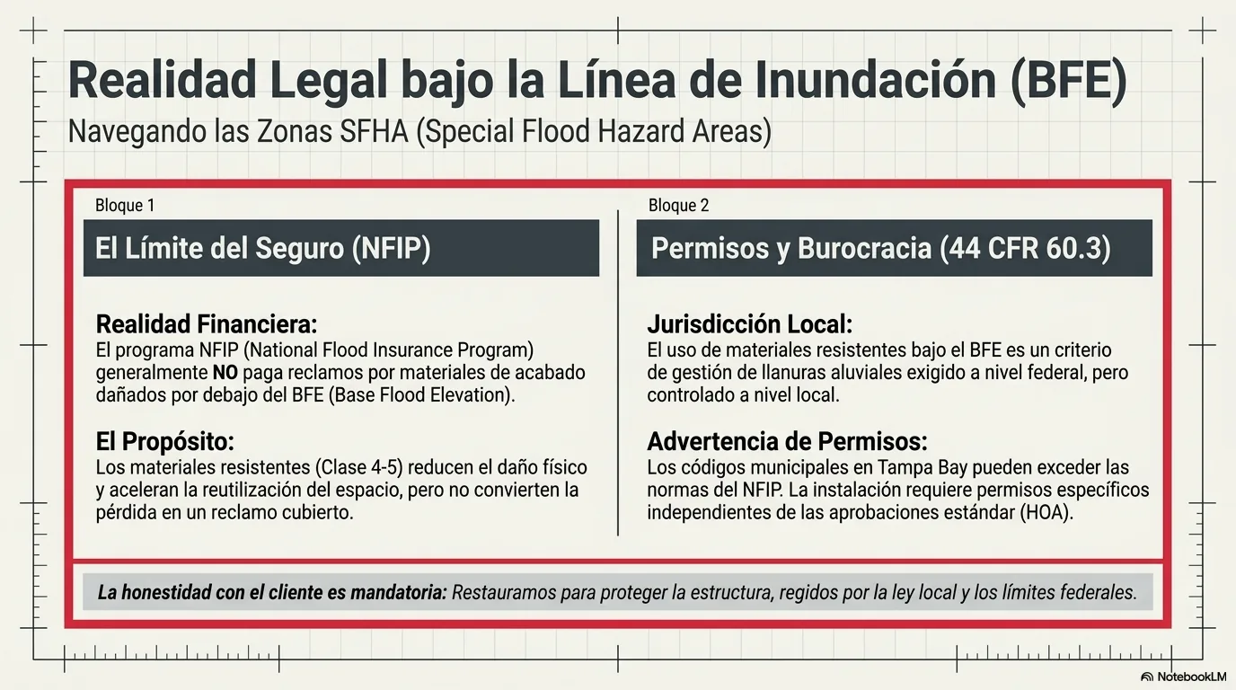 Aviso que combina dos verdades para el cliente: el seguro federal de inundación, por lo general, no cubre los acabados bajo la línea aunque sean resistentes, y la instalación en zona de riesgo puede requerir permisos municipales propios, separados de cualquier aprobación de la asociación de propietarios.