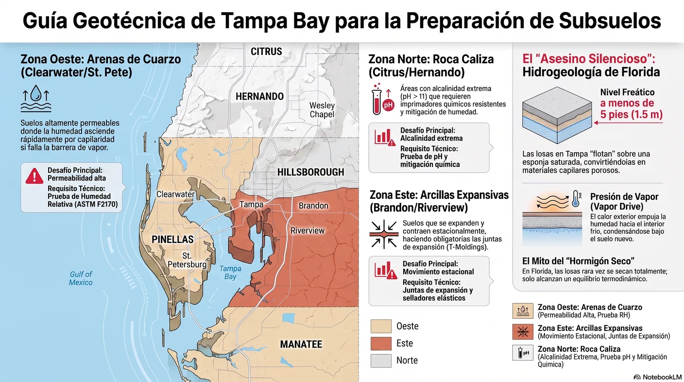 Mapa simplificado de Tampa Bay que divide la región en zona de arena (oeste/costa), arcilla (este) y roca caliza (norte), con ciudades de referencia.