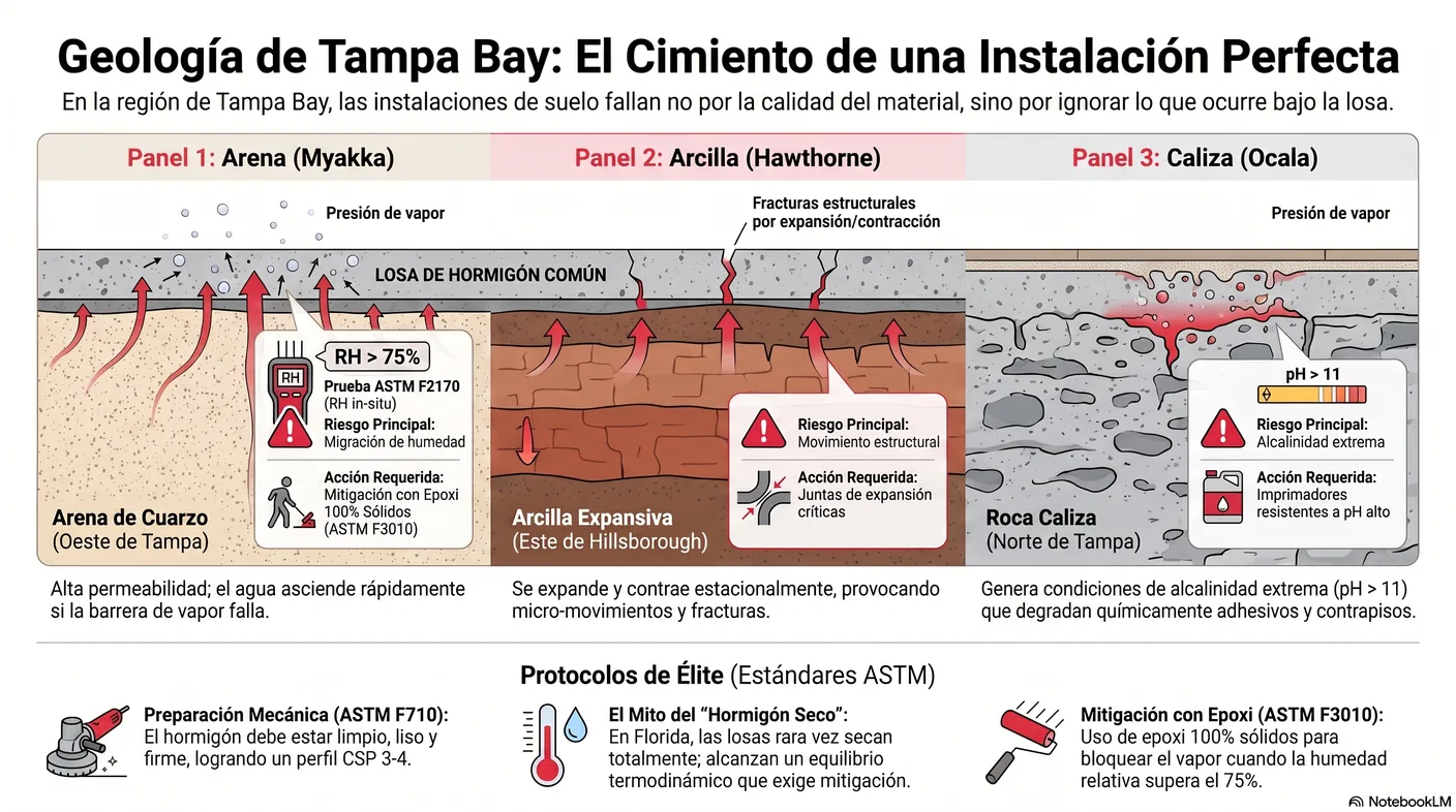 Diagrama comparativo de tres cortes de suelo —arena permeable, arcilla expansiva y caliza alcalina— mostrando cómo cada uno afecta el movimiento y la humedad de la losa.