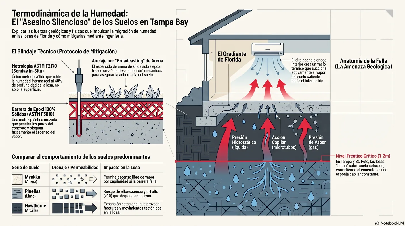 Corte que muestra el nivel freático de Florida a menos de uno o dos metros bajo una losa slab-on-grade, con el hormigón como matriz capilar sobre suelo saturado.