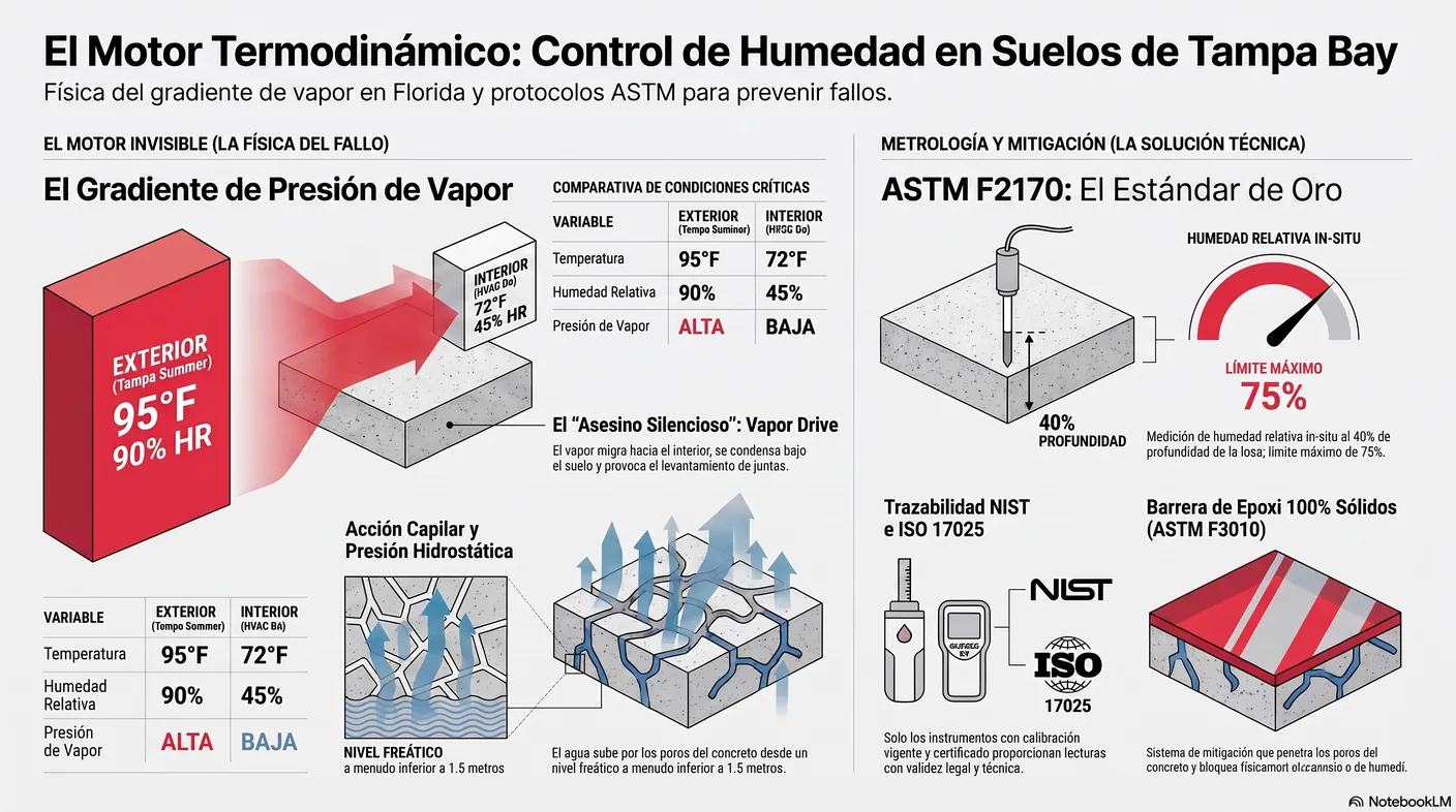 Diagrama del gradiente de vapor: exterior cálido y húmedo frente a interior fresco y seco, con el vapor migrando por la losa y condensándose bajo el piso.