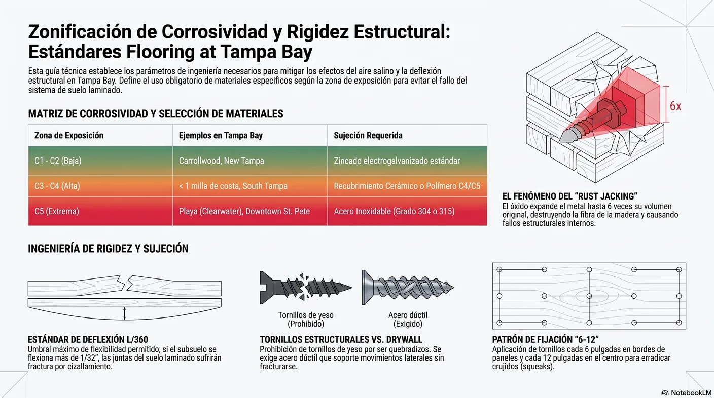 Imagen-tabla de las zonas de corrosividad C1 a C5 con ejemplos de áreas de Tampa Bay y el fijador recomendado para cada una.