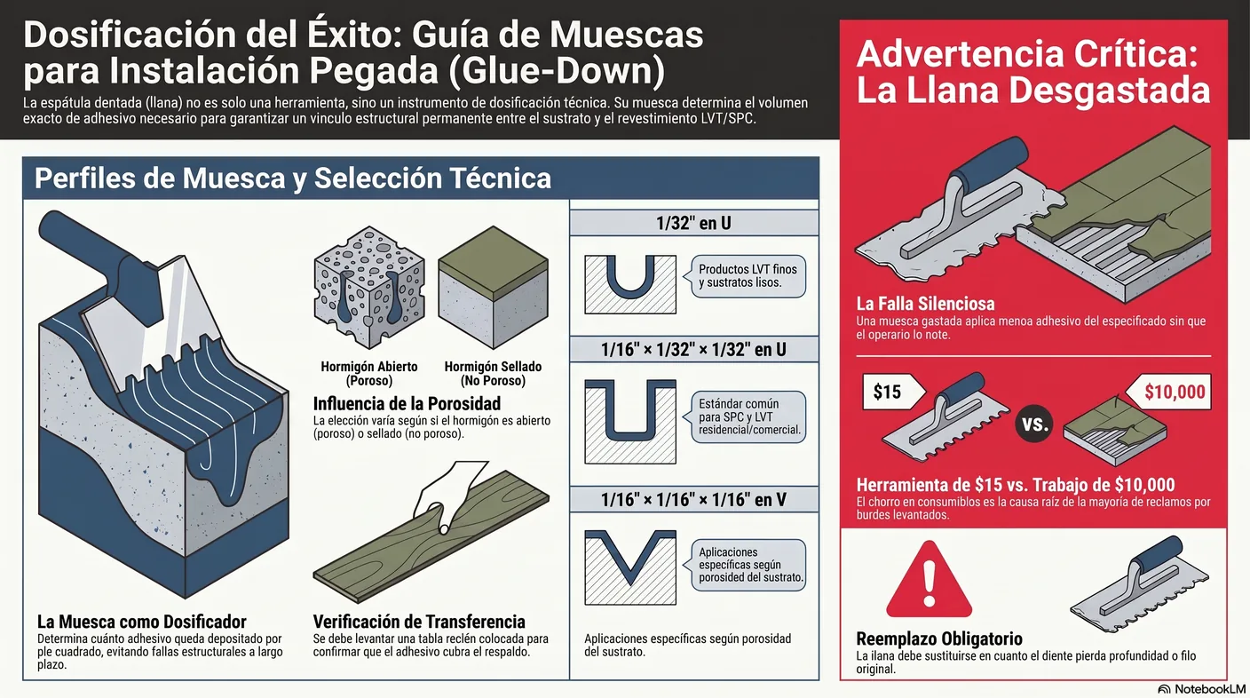 Imagen-tabla de tamaños de muesca de llana para LVT y SPC, con la advertencia de seguir siempre la ficha técnica del fabricante y reemplazar la llana desgastada.
