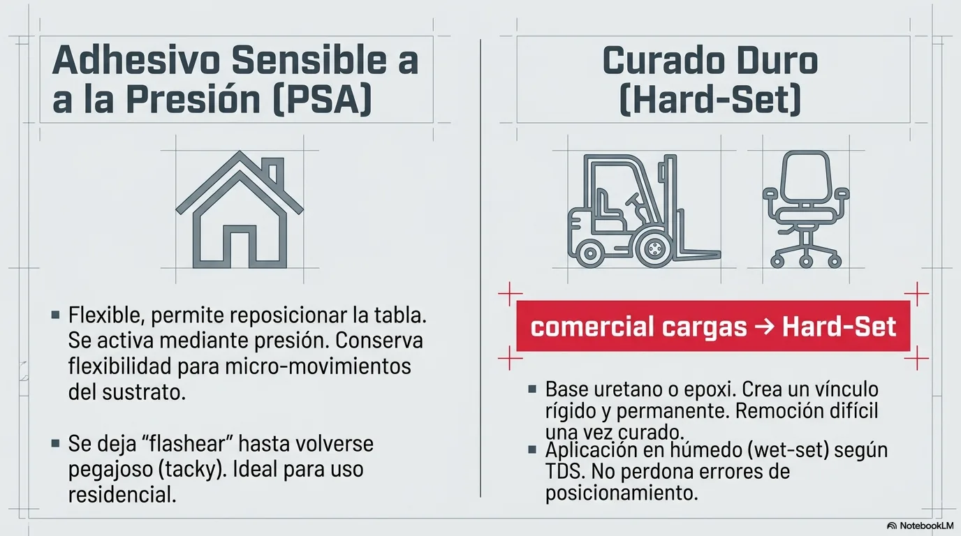Imagen-tabla de decisión que indica cuándo elegir adhesivo sensible a la presión y cuándo de curado duro según tráfico, cargas y permanencia.
