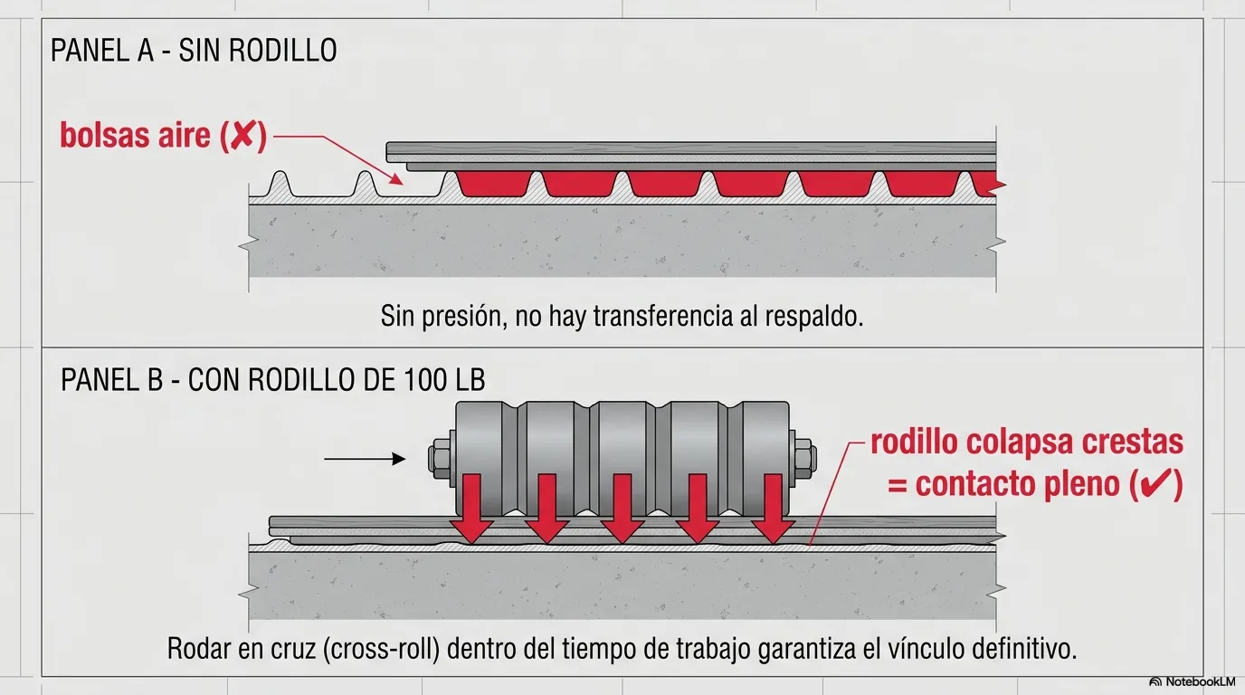 Diagrama que muestra cómo el rodillo de 100 libras elimina las bolsas de aire y activa la presión del adhesivo, logrando contacto pleno entre la tabla y el subsuelo.