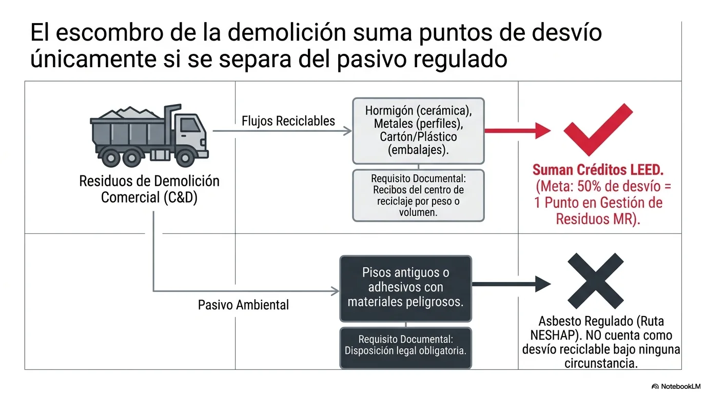 Diagrama de los flujos reciclables del trabajo de pisos —hormigón, metal, cartón y plástico— que cuentan para el desvío, frente al residuo con asbesto, que sigue su ruta regulada y no cuenta como desvío reciclable.