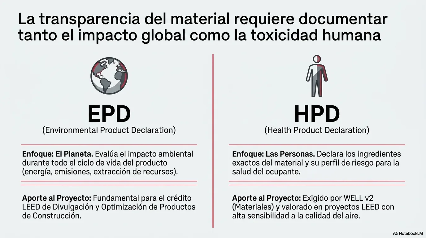 Diagrama que distingue la declaración ambiental de producto, que mide el impacto de ciclo de vida sobre el planeta, de la declaración de salud de producto, que enumera los ingredientes y sus posibles riesgos para las personas.