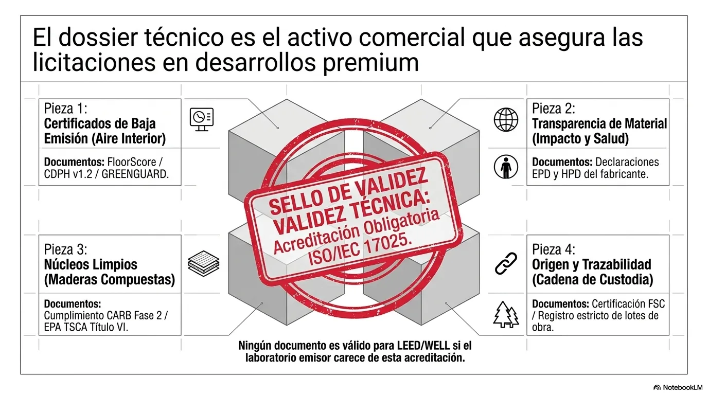 Infografía del dossier completo de transparencia del material —declaración ambiental, declaración de salud, cumplimiento de formaldehído y cadena de custodia— todo proveniente de laboratorios acreditados, que posiciona al instalador como socio de certificación.
