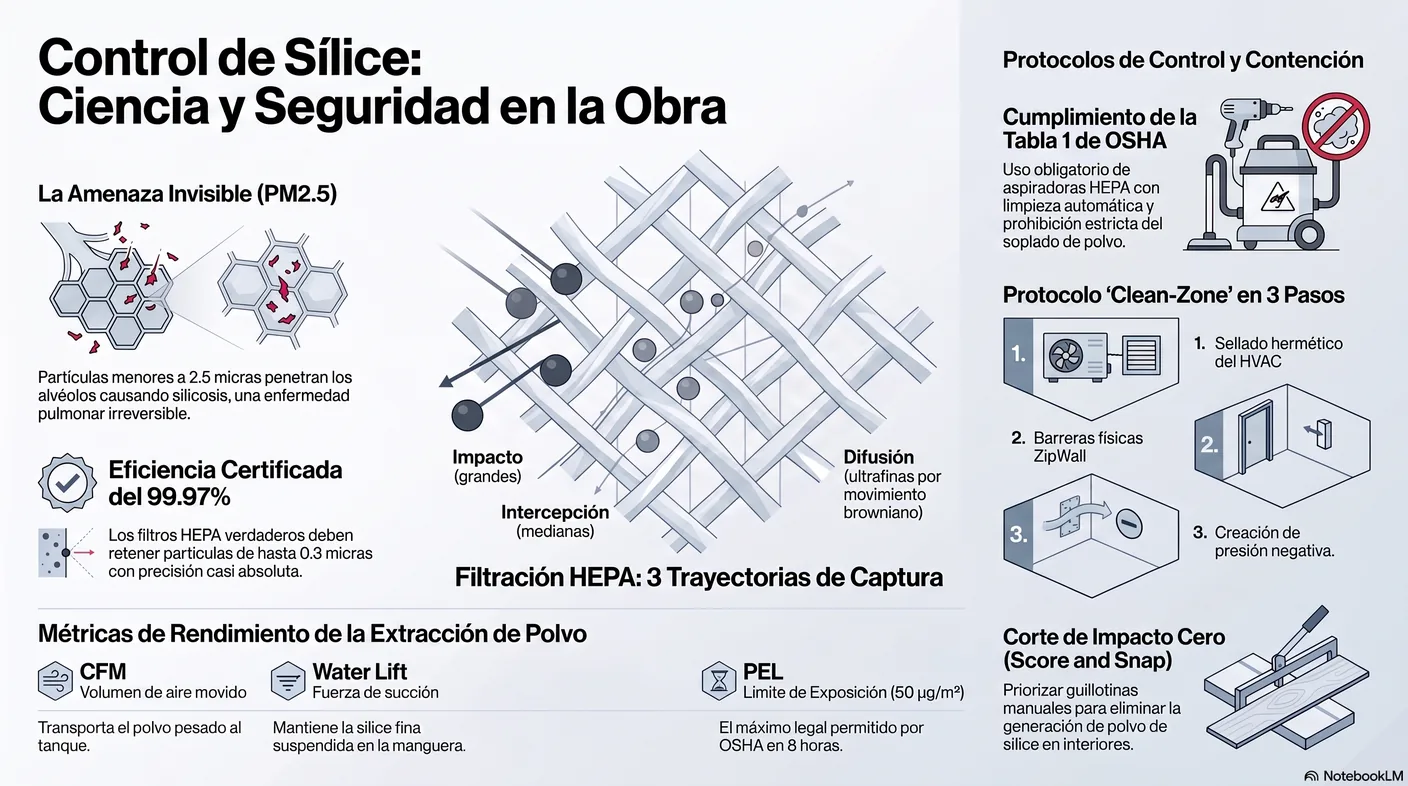 Diagrama de la filtración HEPA: captura el 99,97 por ciento de las partículas de 0,3 micras por impacto, intercepción y difusión.