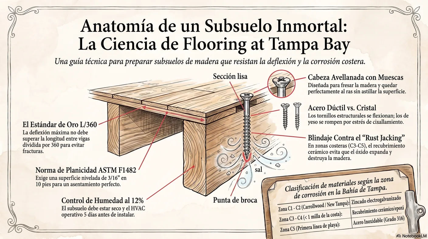 Diagrama anatómico de un tornillo estructural para pisos señalando la cabeza avellanada con muescas de corte, la rosca parcial bajo la cabeza y la punta de avance.