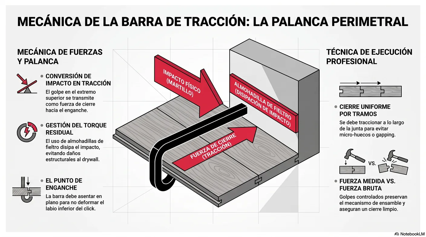 Diagrama de la barra de tracción como palanca: el golpe del martillo en un extremo se transmite como fuerza de cierre en la junta, con la almohadilla protegiendo el muro.