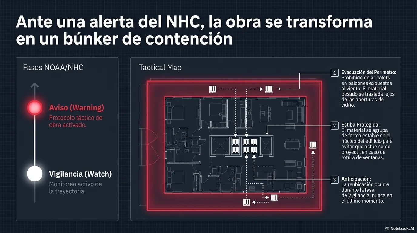 Diagrama del protocolo de huracán: durante la temporada se monitorean las fases de vigilancia y aviso del Centro Nacional de Huracanes, y ante una alerta el material en obra se traslada a zonas protegidas, lejos de ventanas y aberturas, evitando dejar palets en balcones o lanais expuestos al viento.