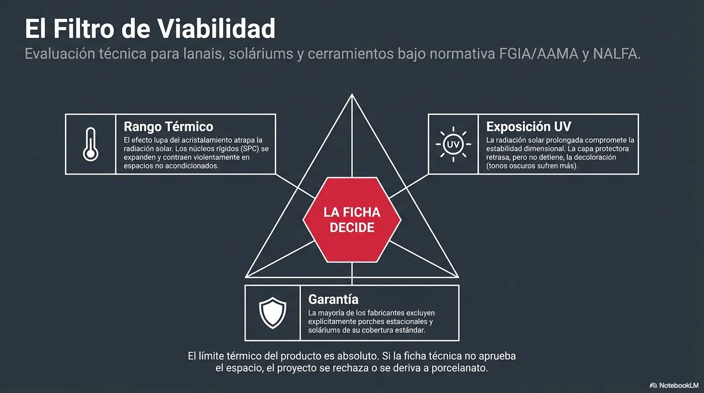 Diagrama que muestra que el rango de temperatura declarado por el fabricante es el límite real —muchos SPC residenciales se limitan a ambientes climatizados— y que a los ciclos térmicos se suma la decoloración ultravioleta, por lo que antes de instalar se verifica la garantía, que suele excluir estos espacios.