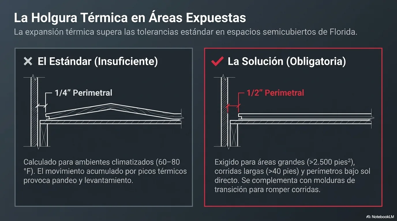 Diagrama que muestra por qué el hueco de expansión estándar de un cuarto de pulgada se queda corto en un espacio expuesto al sol, y cómo se sube a media pulgada perimetral en áreas grandes —sobre dos mil quinientos pies cuadrados o corridas mayores a cuarenta pies— complementado con molduras de transición que dividen la corrida.