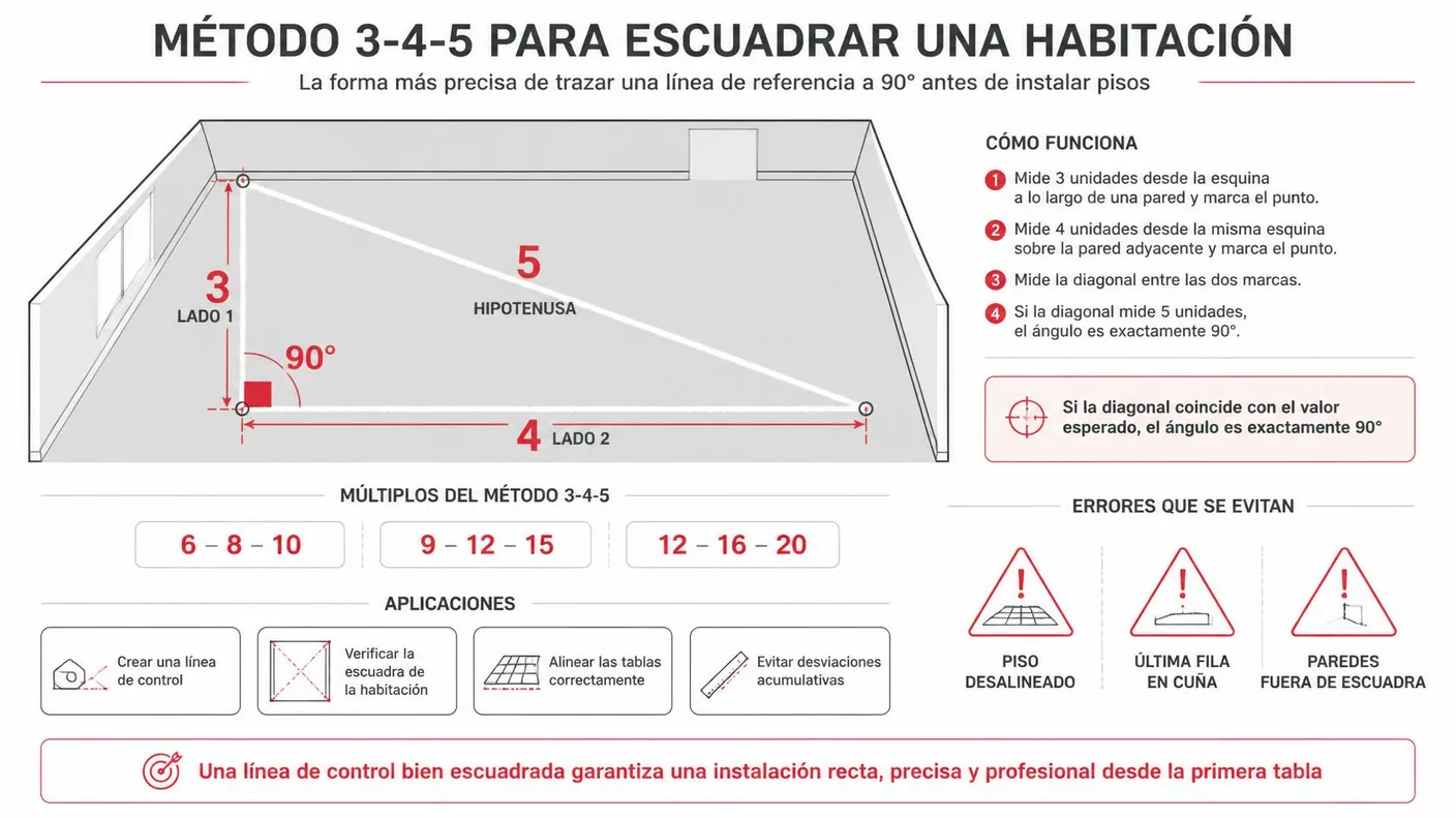 Diagrama del método 3-4-5: tres unidades sobre una línea, cuatro sobre la perpendicular y una hipotenusa de cinco confirman un ángulo recto perfecto.