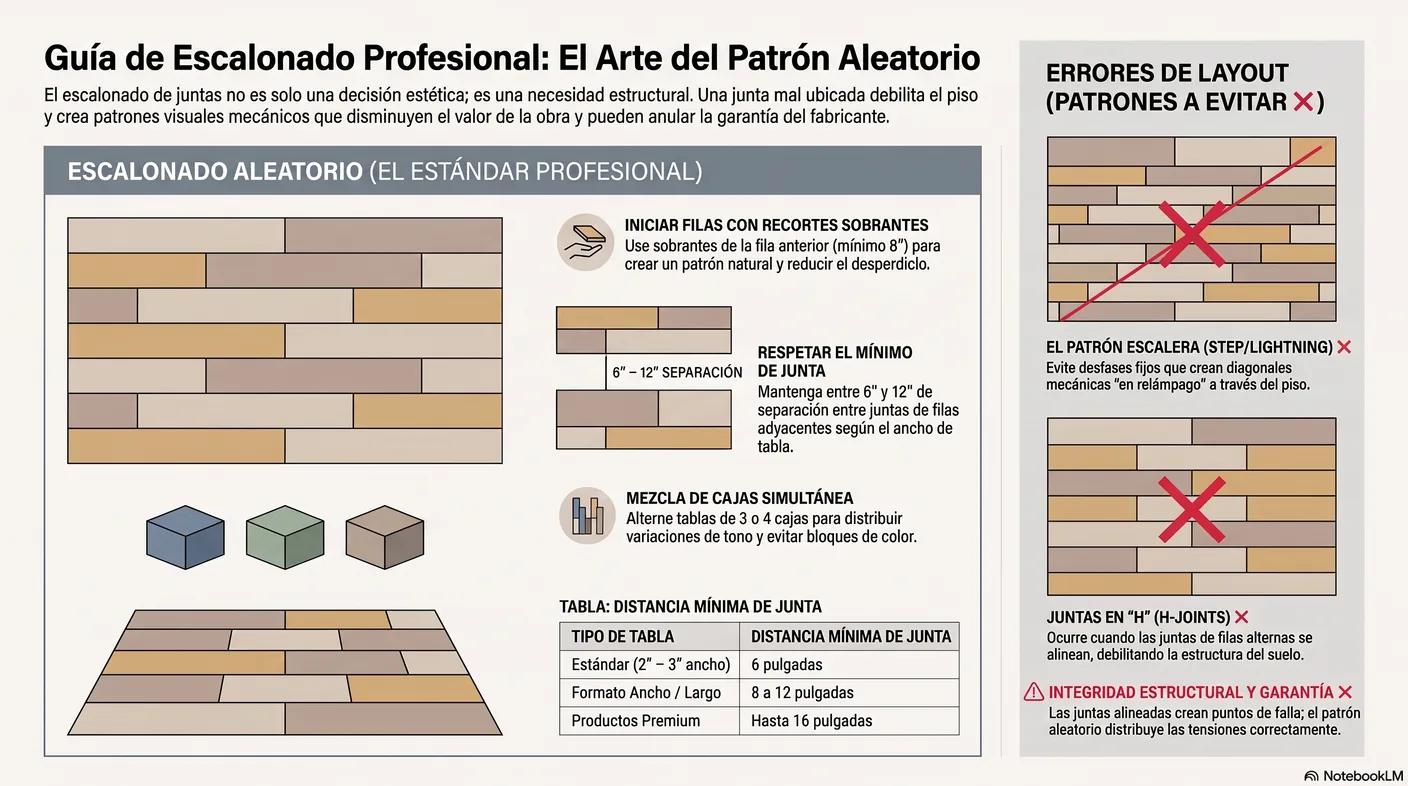 Diagrama de la técnica de randomización: variar el desfase, verificar también dos filas atrás e iniciar cada fila con el recorte sobrante para un patrón natural.