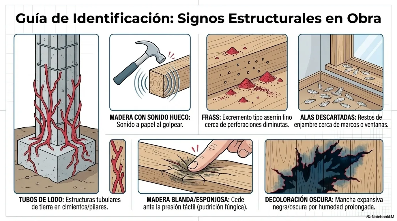 Infografía visual de los signos de actividad de termitas y pudrición que el instalador inspecciona durante la demolición: tubos de lodo, madera con sonido hueco, excremento tipo aserrín fino, alas descartadas de enjambre, madera blanda o esponjosa y decoloración por humedad.
