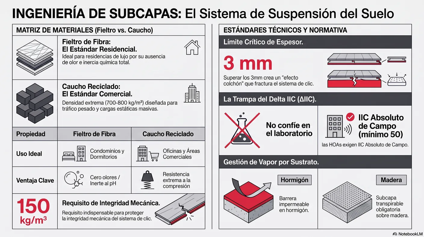 Imagen-tabla que compara caucho reciclado y fieltro de fibra en densidad, compresión, acústica, inercia química y olor.