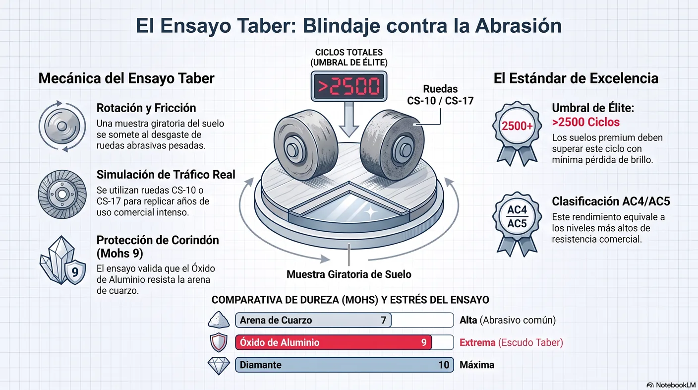 Diagrama de la prueba Taber: una rueda abrasiva girando con peso sobre la muestra durante miles de ciclos para medir la pérdida de brillo.