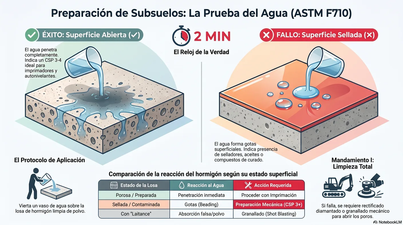 Diagrama de la prueba del agua sobre hormigón: agua que penetra en menos de dos minutos indica superficie abierta; agua que forma gotas indica un sellador presente.
