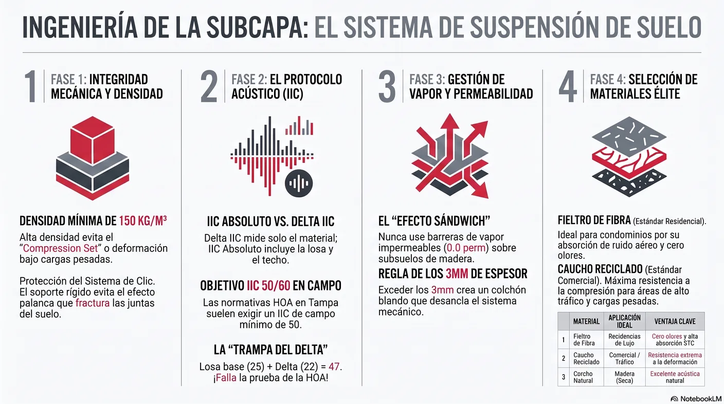 Infografía del protocolo de cumplimiento acústico: pedir el requisito de campo, evaluar el ensamblaje del edificio, seleccionar la subcapa por tablas de IIC de campo y documentar.