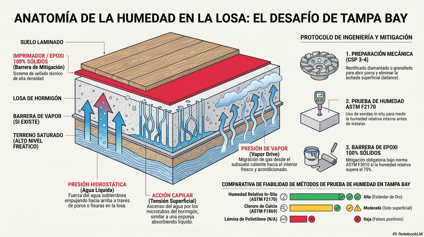 Corte transversal de una losa de hormigón sobre terreno mostrando cómo la humedad del subsuelo asciende por capilaridad y presión de vapor hacia el piso.