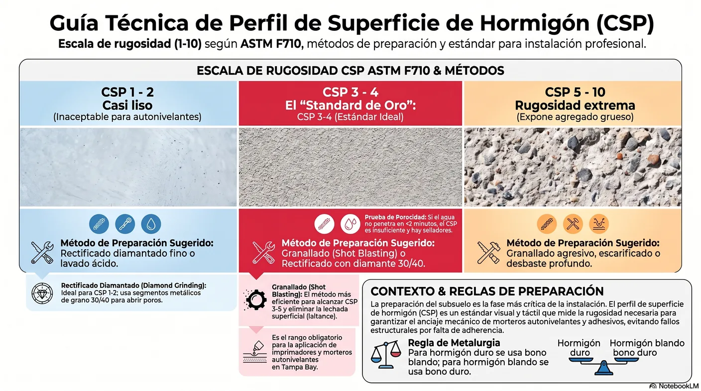 Escala visual del Perfil de Superficie de Hormigón (CSP) del 1 al 10, marcando CSP 3–4 como el objetivo de Flooring at Tampa Bay para autonivelantes.