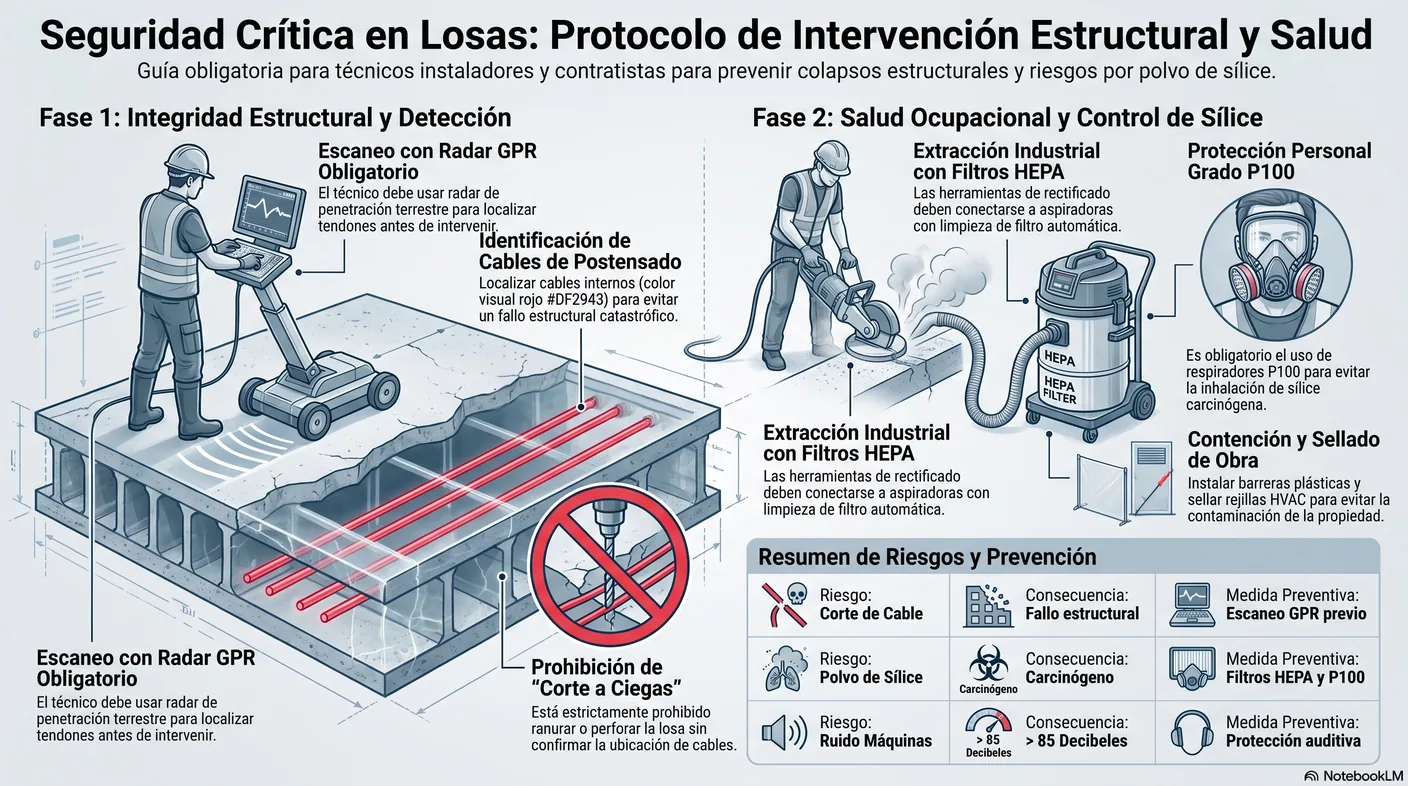 Diagrama de advertencia que muestra cables de postensado dentro de una losa y un escáner GPR localizándolos antes de cortar o perforar.