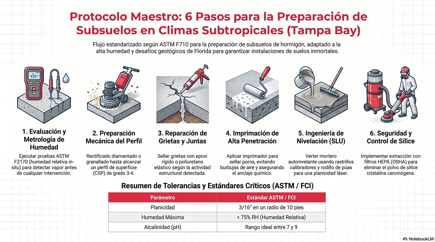 Infografía del flujo de preparación de un subsuelo de hormigón: evaluar, preparación mecánica, aspirar HEPA, imprimar, nivelar y verificar humedad.