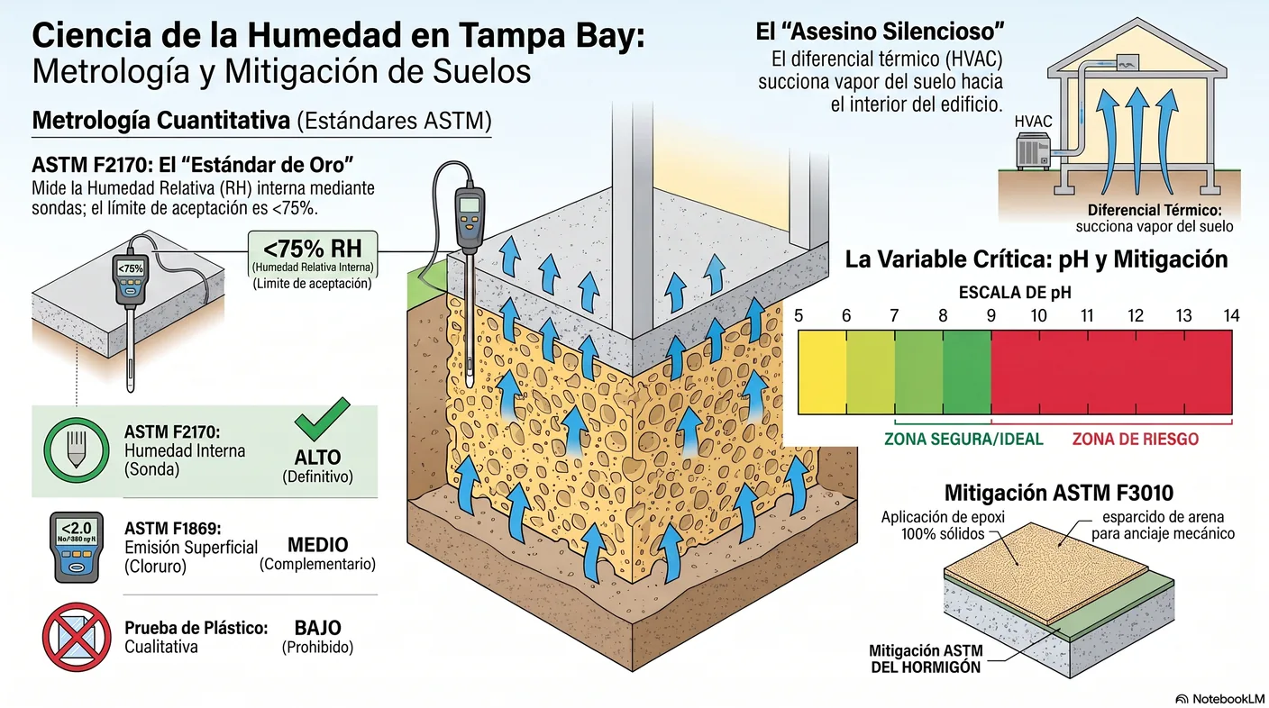 Escala de pH del hormigón que marca el rango aceptable de 7 a 9 en verde y la zona alcalina superior a 9 en rojo, que degrada adhesivos.