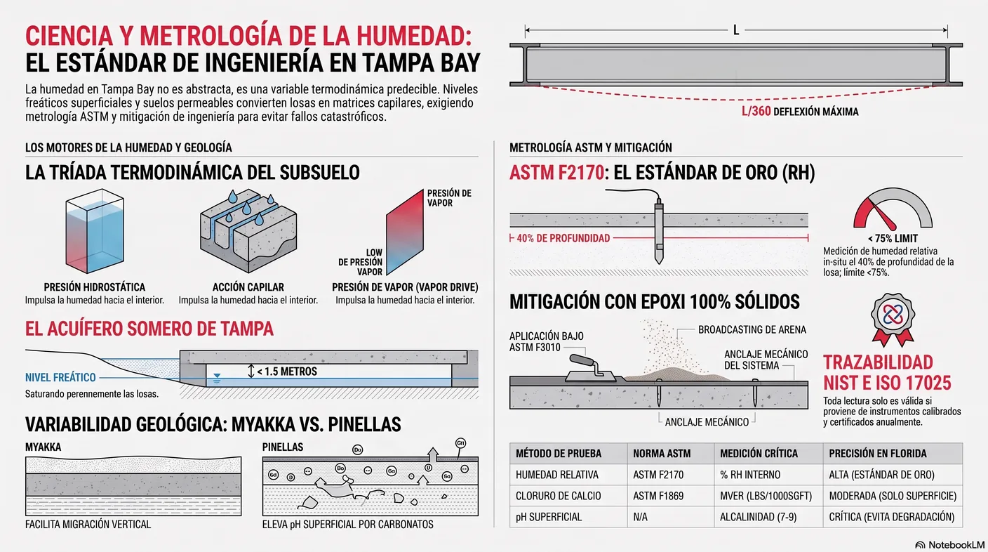 Diagrama del estándar L/360: una vigueta con luz libre L que se flexiona bajo carga, con el cálculo de la deflexión máxima permitida.
