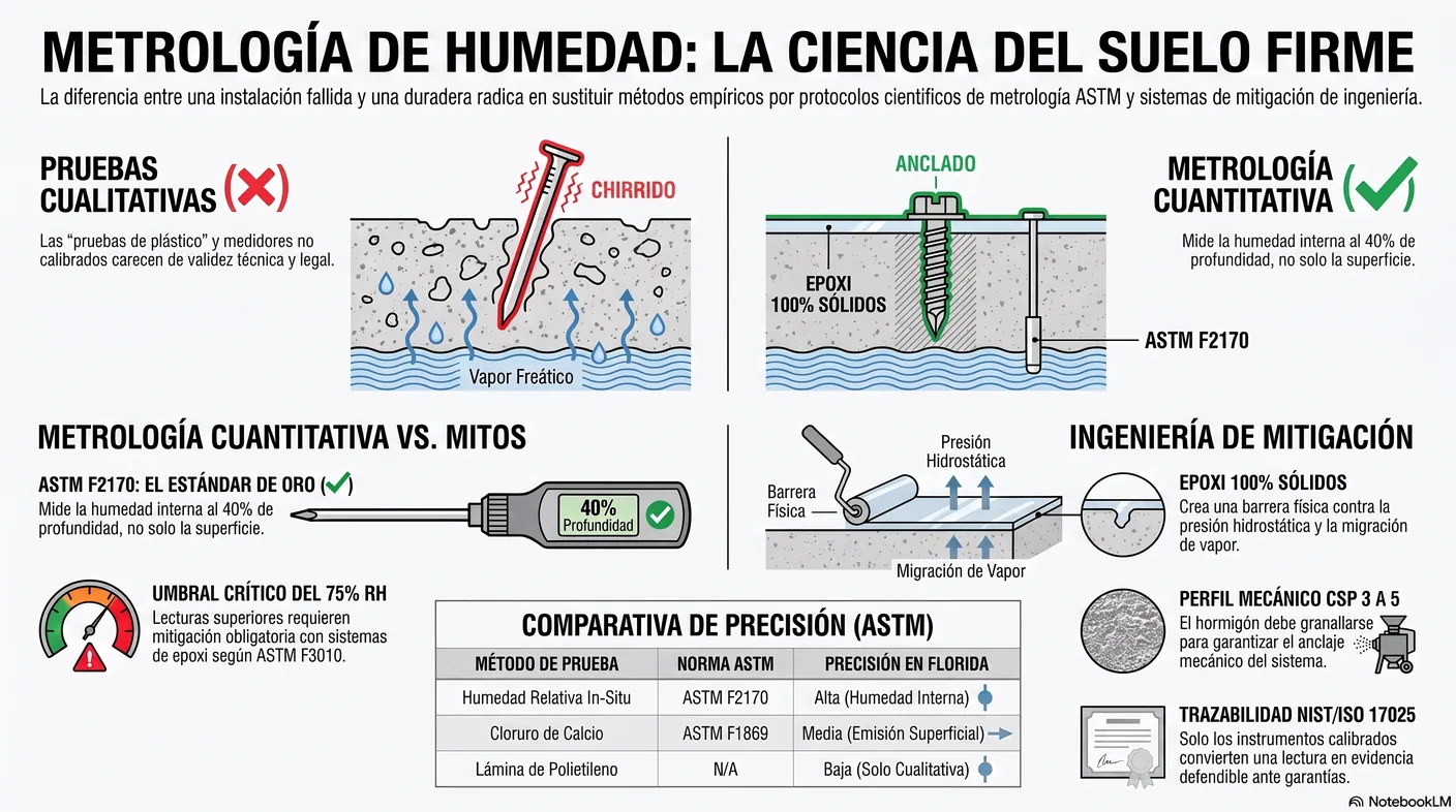 Diagrama que contrasta un clavo que se afloja con los ciclos de humedad, generando crujido, frente a un tornillo estructural que mantiene el panel fijo a la vigueta.