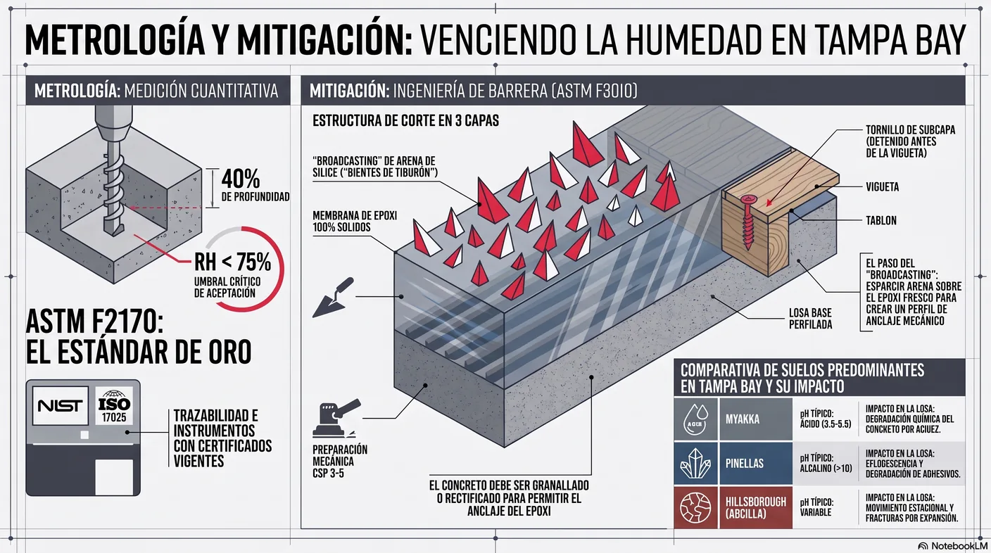 Corte que muestra un panel de subcapa fijado solo al subsuelo, con los tornillos sin llegar a las viguetas para no transmitir crujidos.